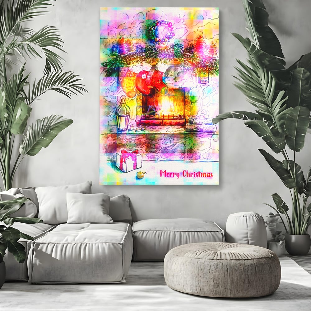 Tablou canvas cu tablou canvas cu peisaj festiv de craciun, fara rama, pe sasiu de lemn, pe perete intr-un living